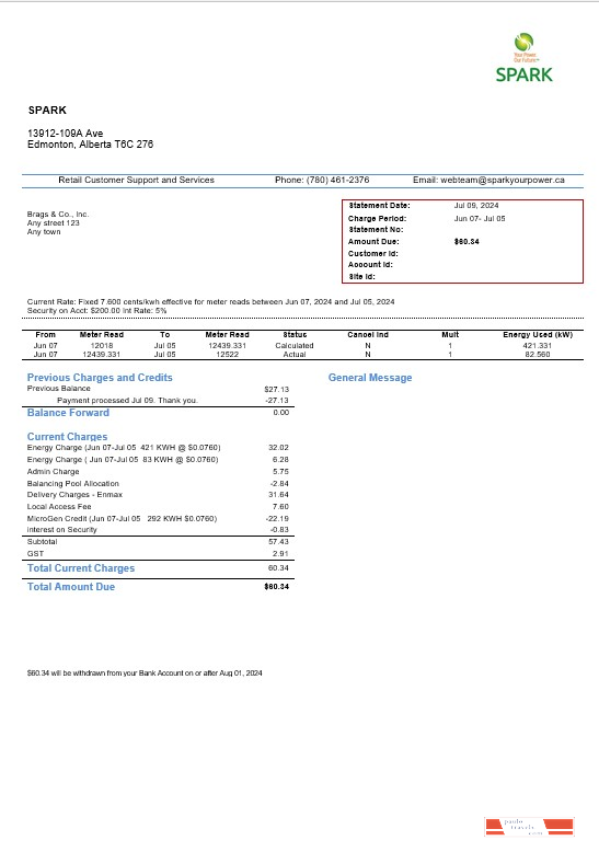 Canada Alberta Spark business utility bill template in Word and pdf formats